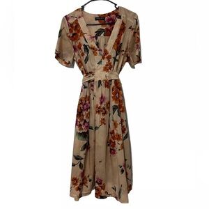 Twin Set Simona Barbieri Floral Cotton Midi Dress Pockets Tie Back Short Sleeve